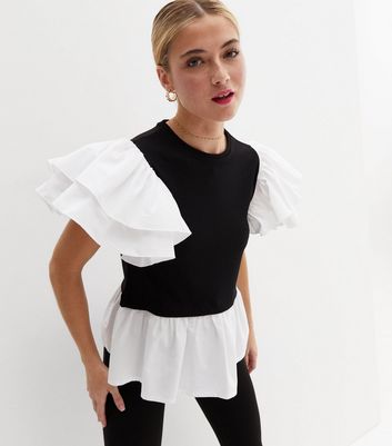 Black 2 in 1 Ruffle Sleeve Peplum Top New Look