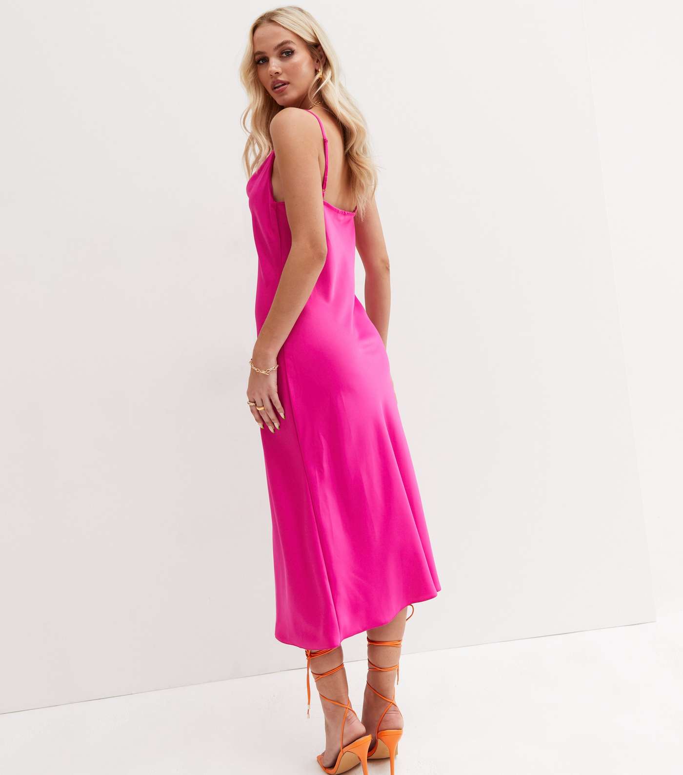 Bright Pink Satin Cowl Neck Midi Slip Dress Image 4