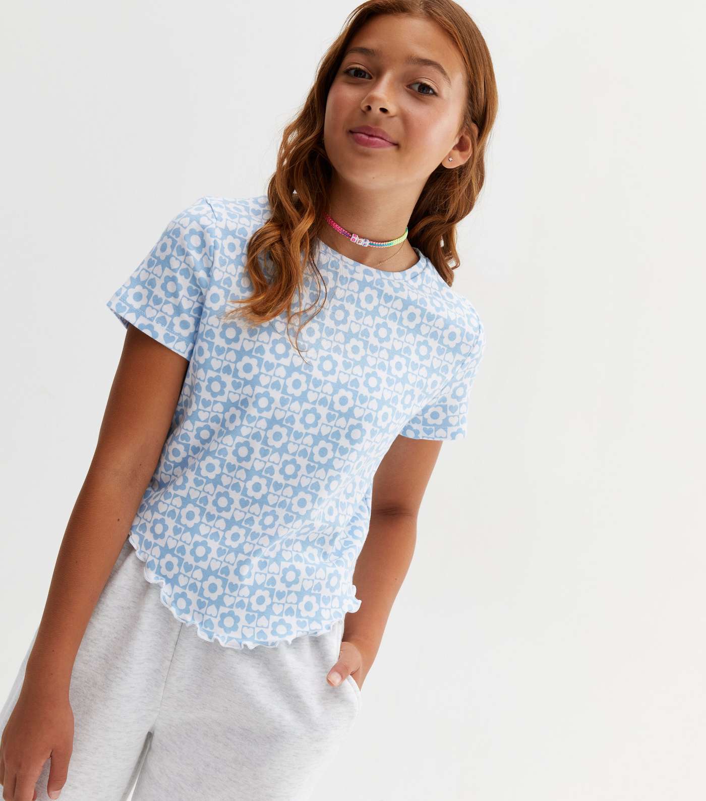 Girls Pale Blue Floral Frill Curved Hem T-Shirt