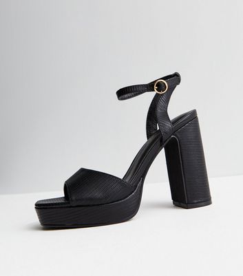 Black Patent Strappy Platform Block Heel Sandals | New Look