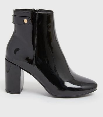 Black Patent Block Heel Ankle Boots New Look