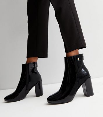 Black Patent Block Heel Ankle Boots New Look