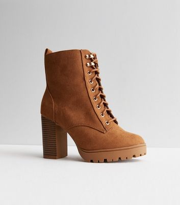 Tan block heeled ankle boots - Shoelace - Women's Shoes, Bags and Fashion
