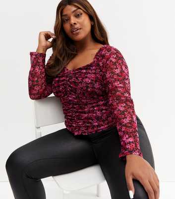 Curves Pink Floral Ruched Long Sleeve Top