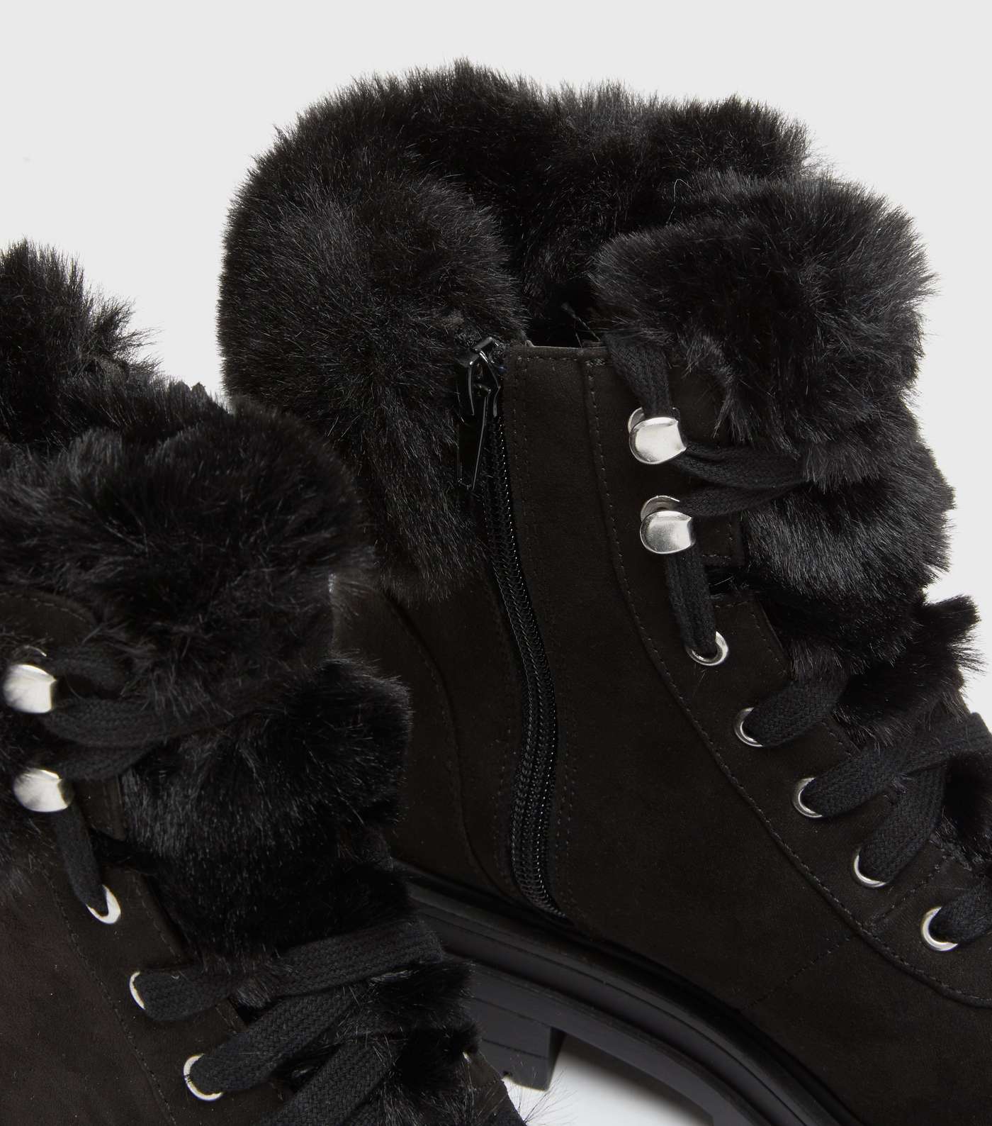Black Suedette Faux Fur Trim Chunky Boots Image 4