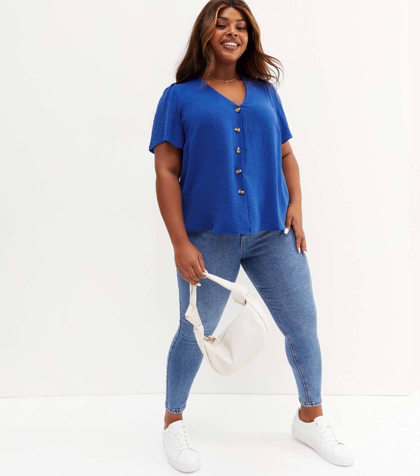 Curves Bright Blue Button Short Sleeve Top Image 3