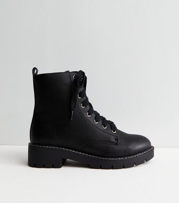 Black Contrast Stich Lace Up Chunky Boots | New Look