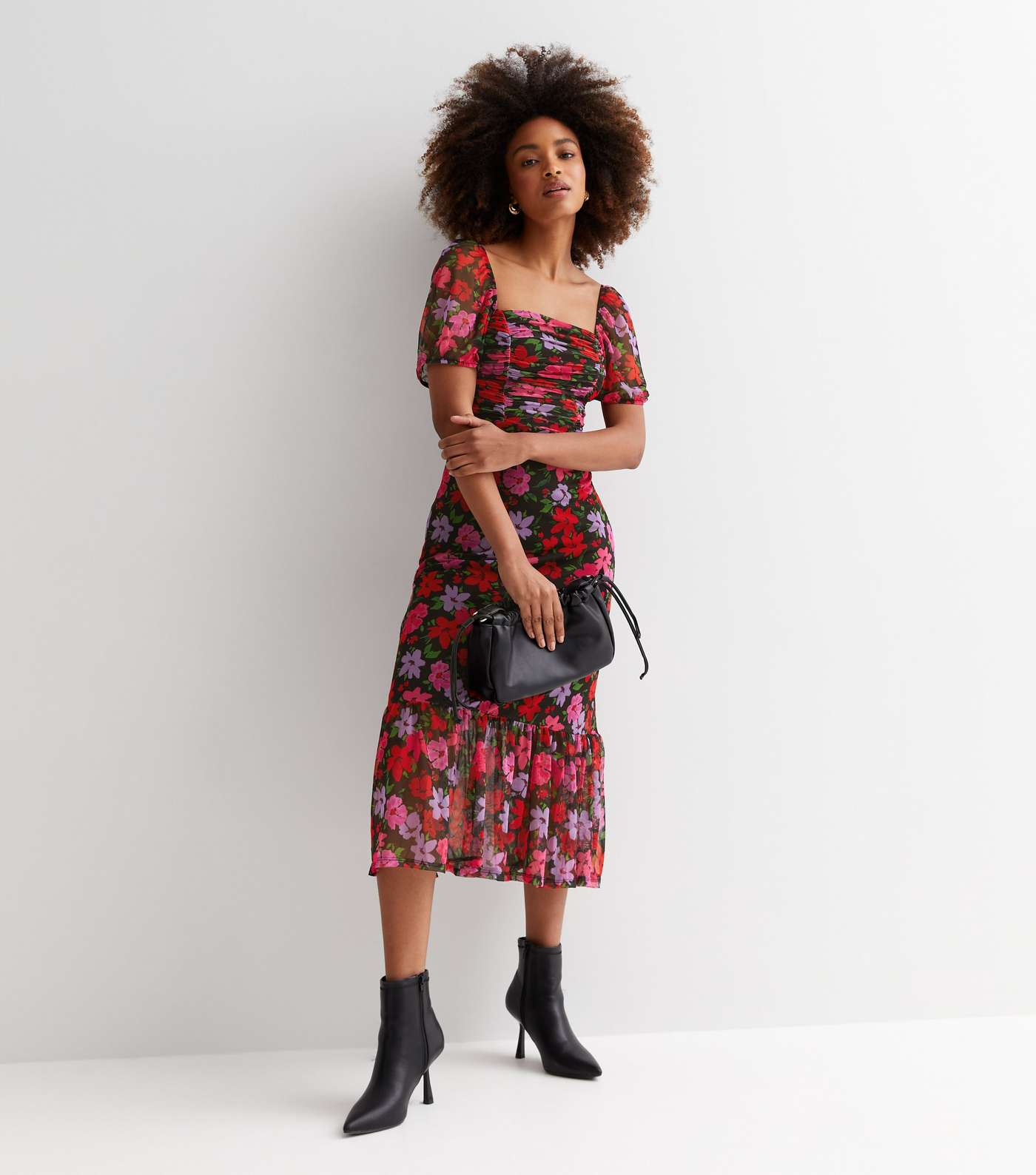 Black Floral Mesh Ruched Tiered Midi Dress Image 2