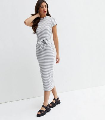 White Stripe Ribbed Belted Midi Dress