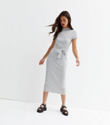 White Stripe Ribbed Belted Midi Dress 