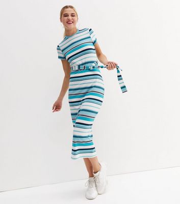 Blue Stripe Ribbed Belted Midi Dress