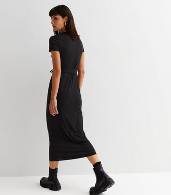 Belted ribbed midi store dress