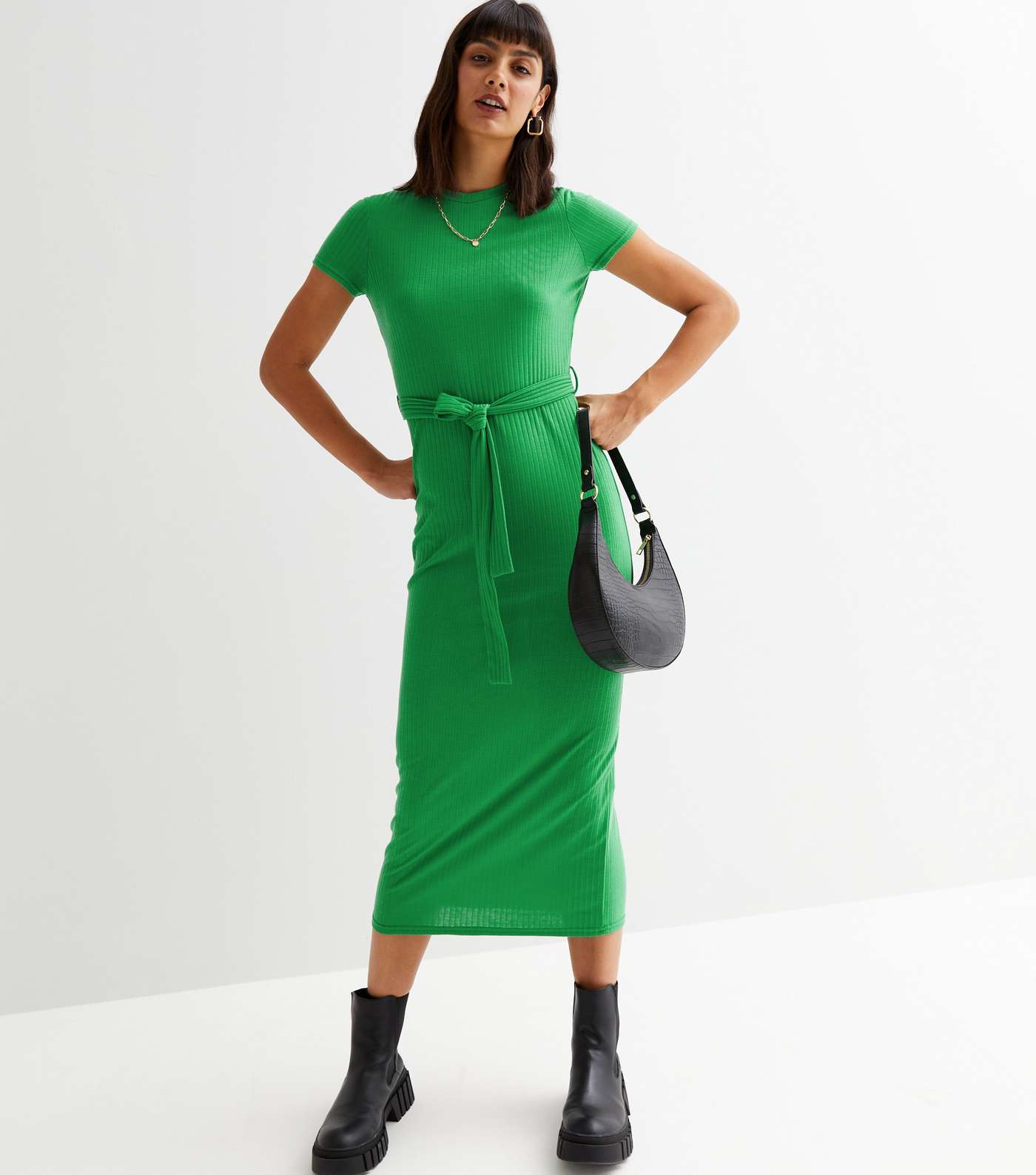 Green Ribbed Belted Midi Dress Image 2