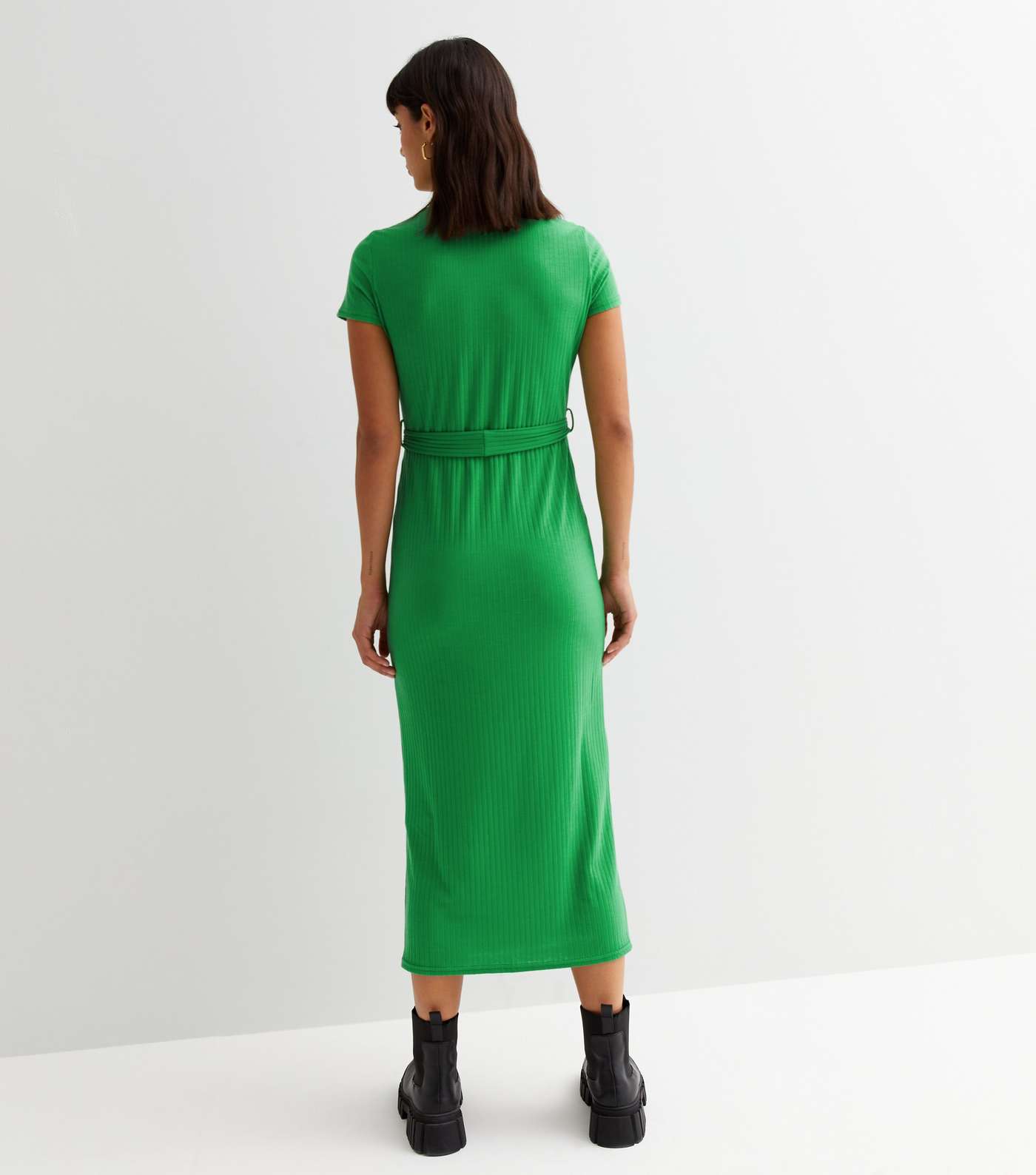 Green Ribbed Belted Midi Dress Image 4