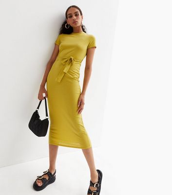 Light Green Ribbed Belted Midi Dress 