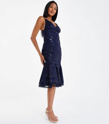 Navy lace high clearance neck fishtail midi dress