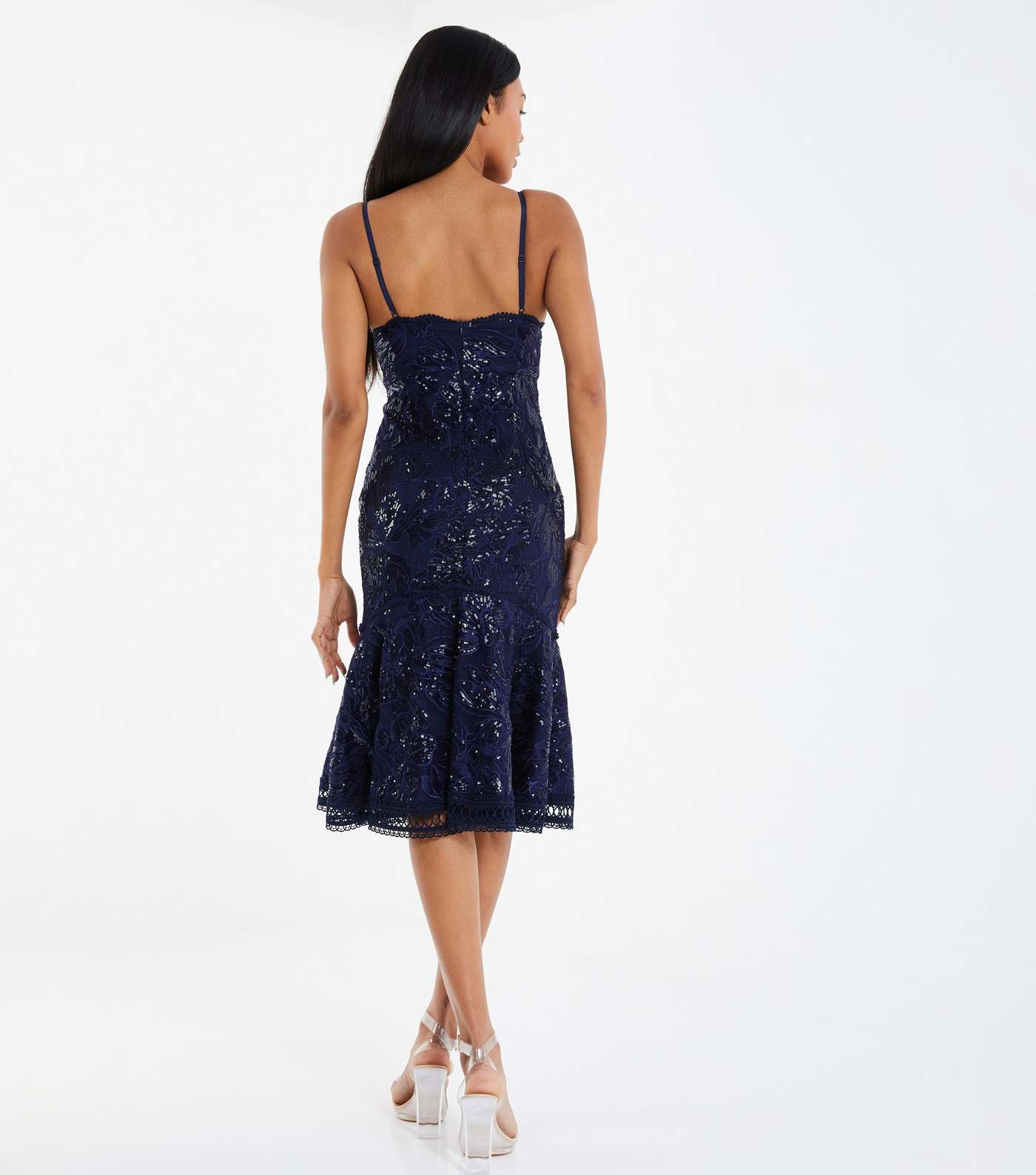 QUIZ Navy Sequin Lace Strappy V Neck Fishtail Midi Dress Image 3