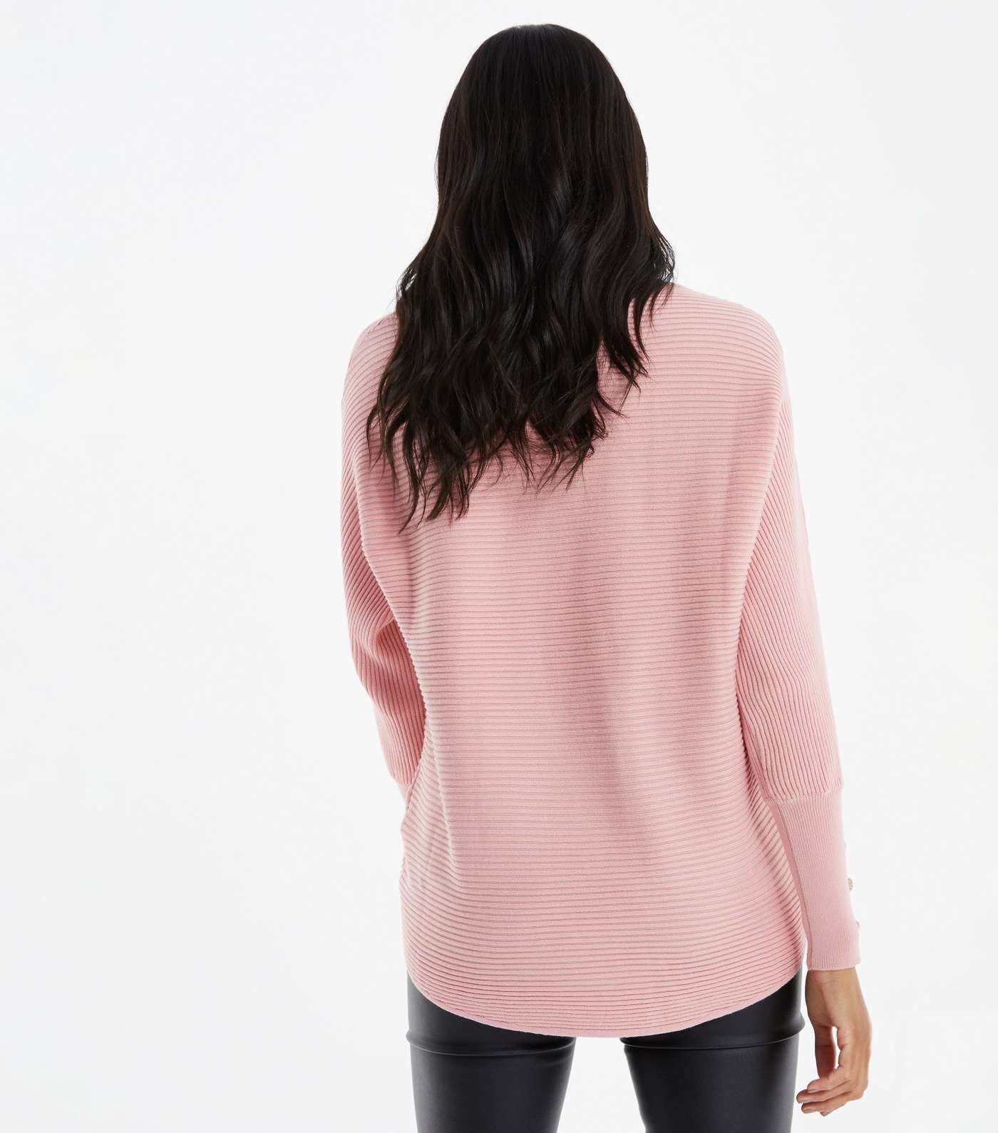 QUIZ Pink Ribbed Knit Crew Neck Button Cuff Jumper Image 3