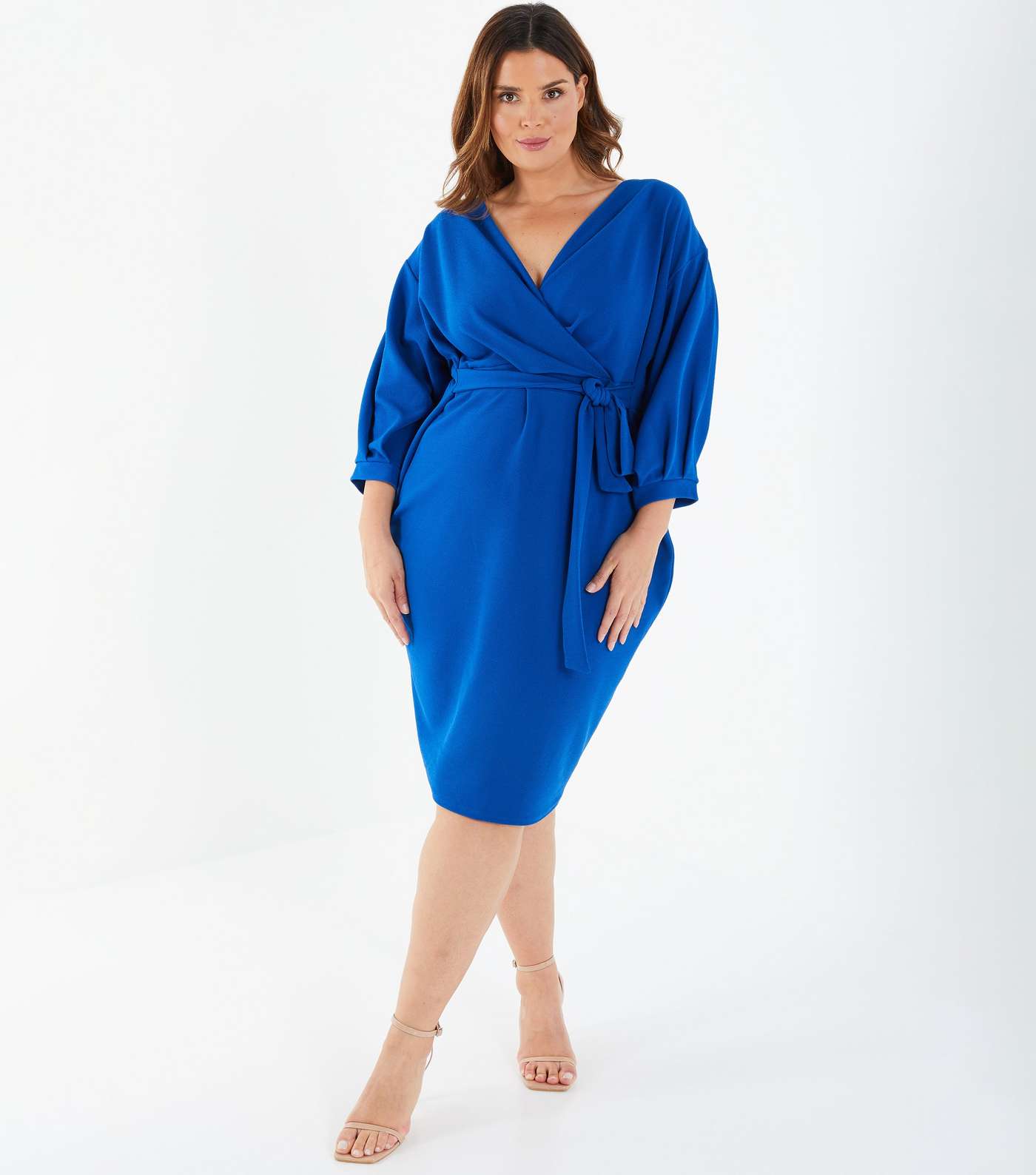 QUIZ Curves Blue 3/4 Sleeve Midi Wrap Dress