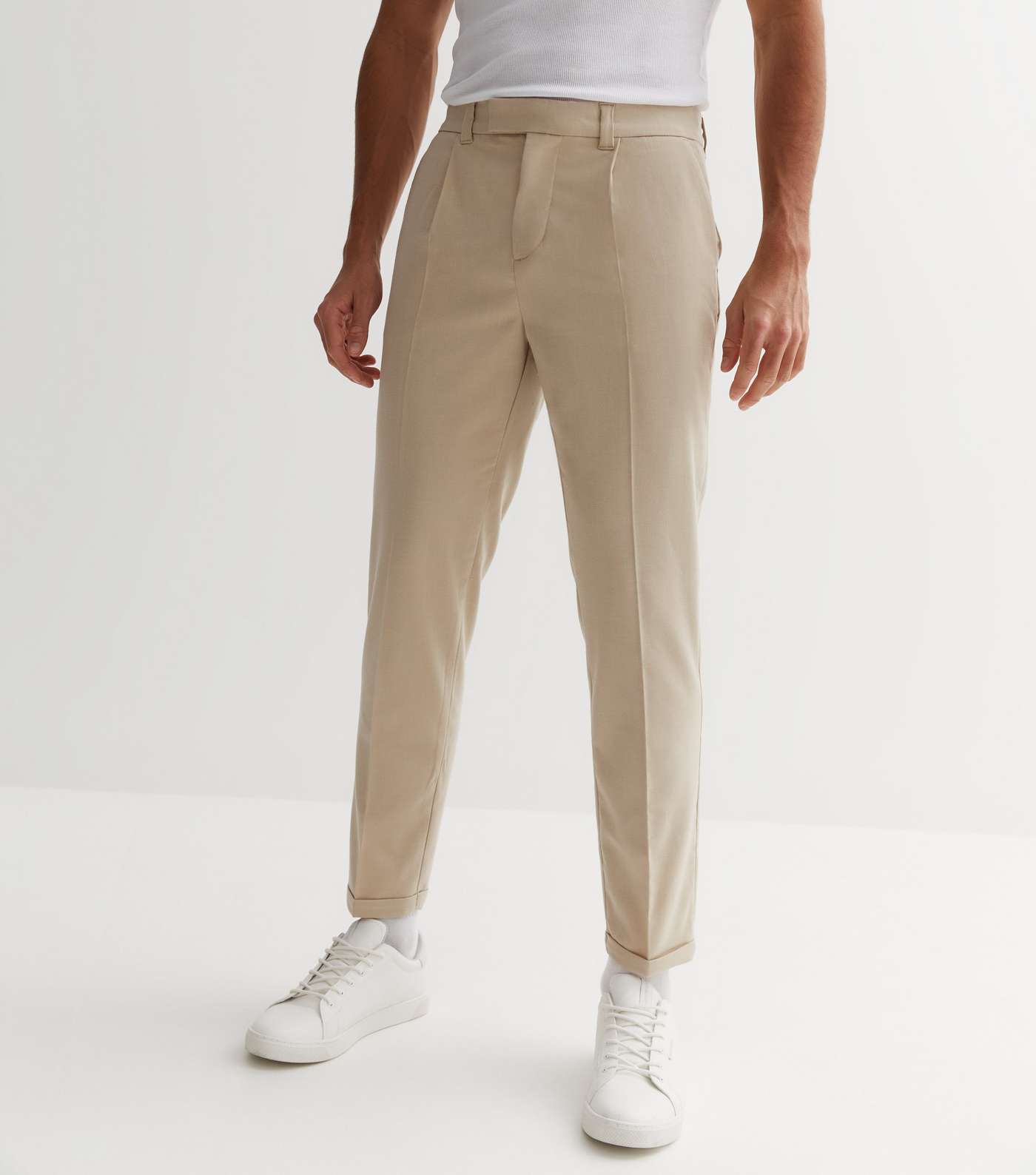 Cream Plain Pleated Slim Trousers Image 2