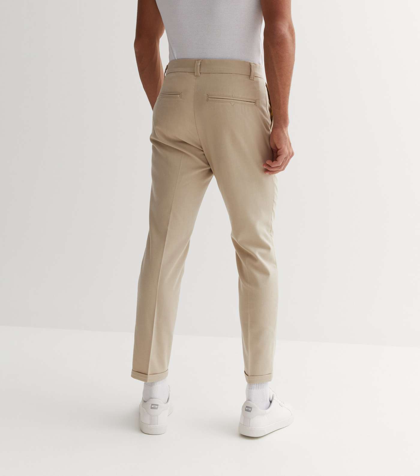 Cream Plain Pleated Slim Trousers Image 4