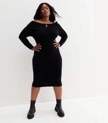 Black ribbed bardot dress best sale