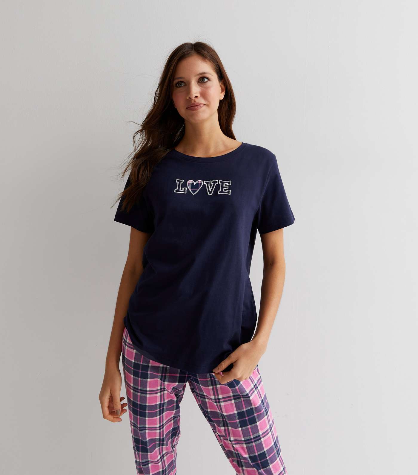 Navy Jogger Pyjama Set with Love Check Logo Image 2