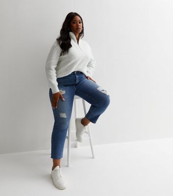 Curves Blue Ripped Ankle Grazing Hannah Straight Leg Jeans New Look