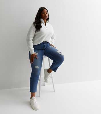 Curves Blue Ripped Ankle Grazing Hannah Straight Leg Jeans