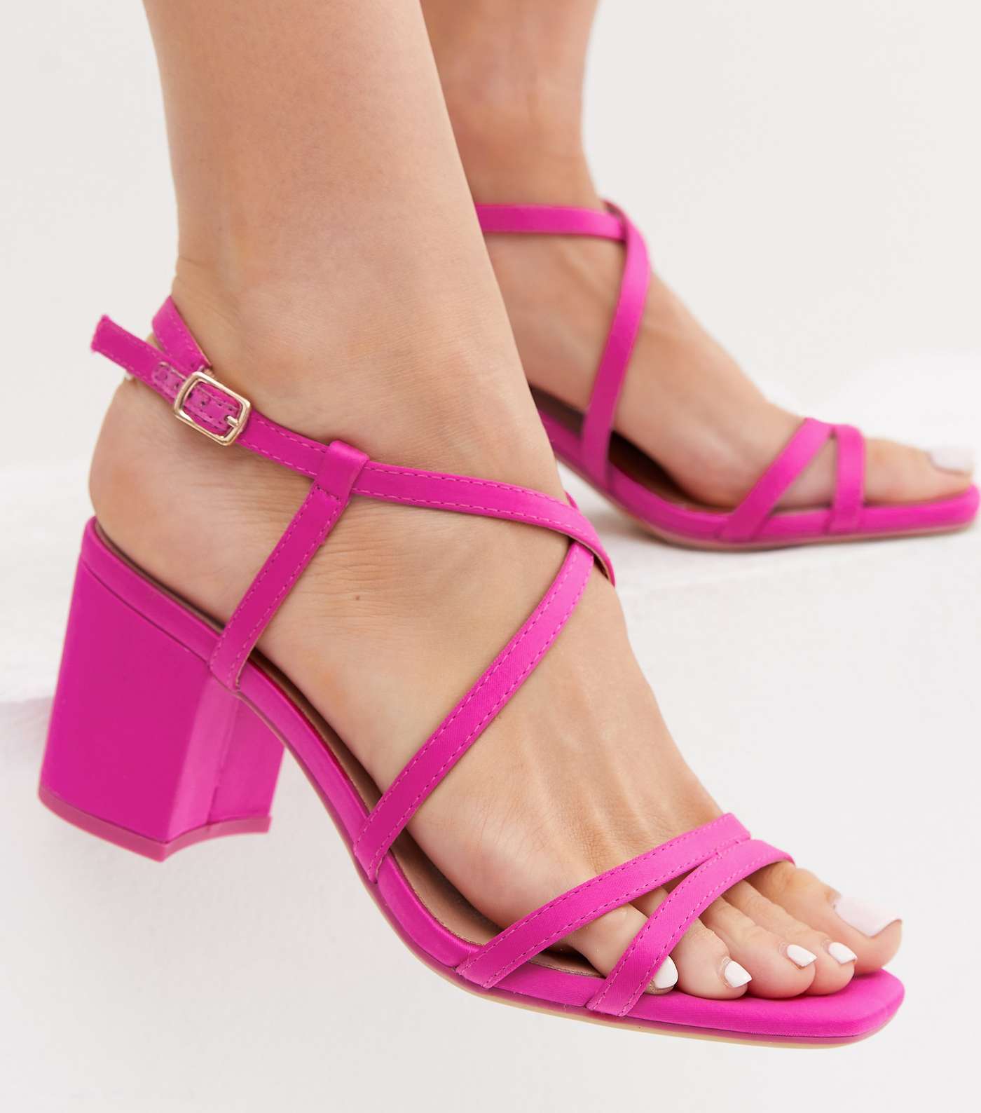 Wide Fit Bright Pink Satin Strappy Block Heel Sandals Image 2