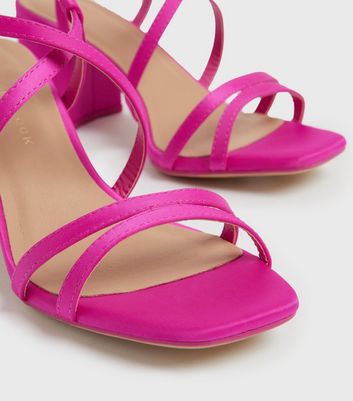 Wide Fit Bright Pink Satin Strappy Block Heel Sandals New Look