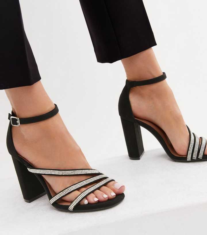 Wide Fit Black Diamanté Strap Block Heel Sandals