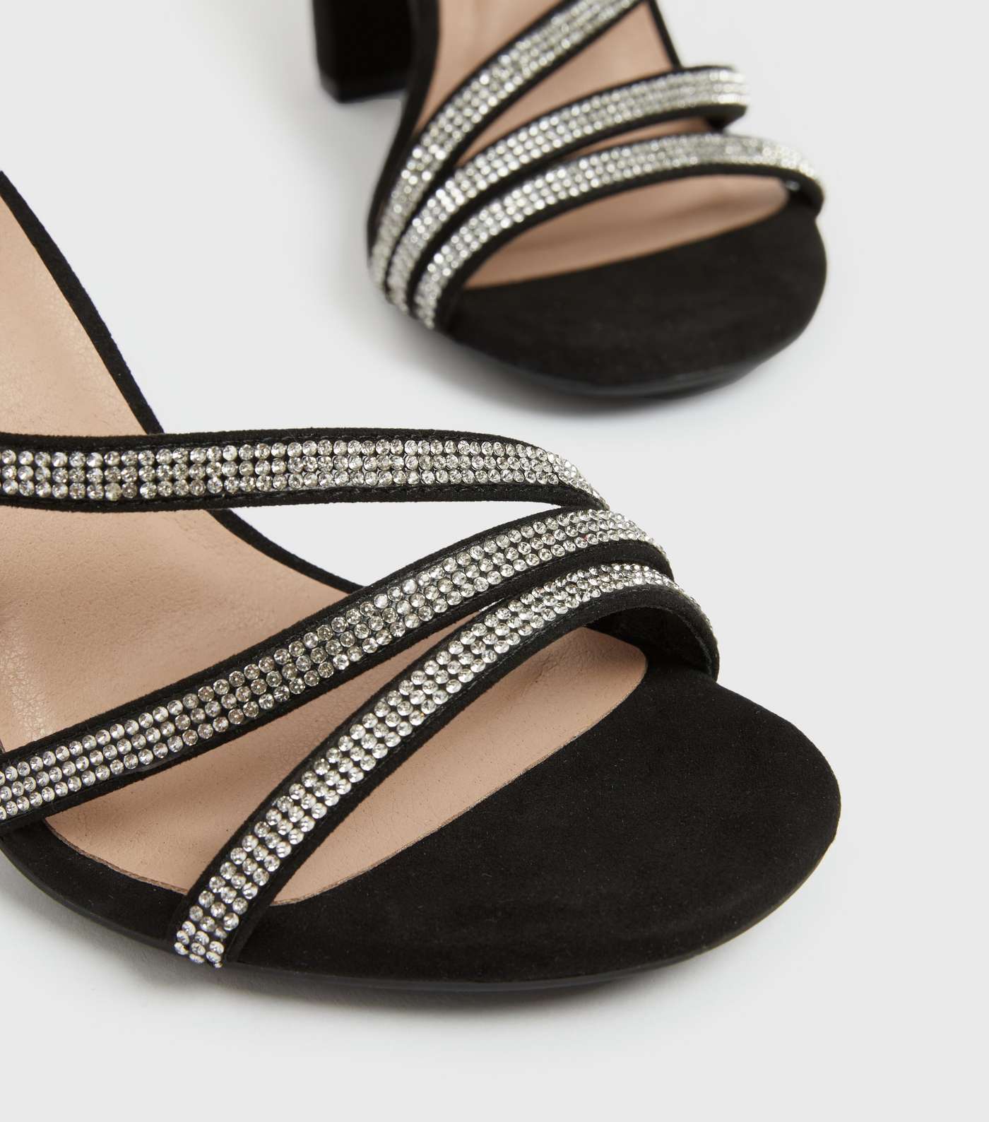 Wide Fit Black Diamanté Strap Block Heel Sandals Image 4