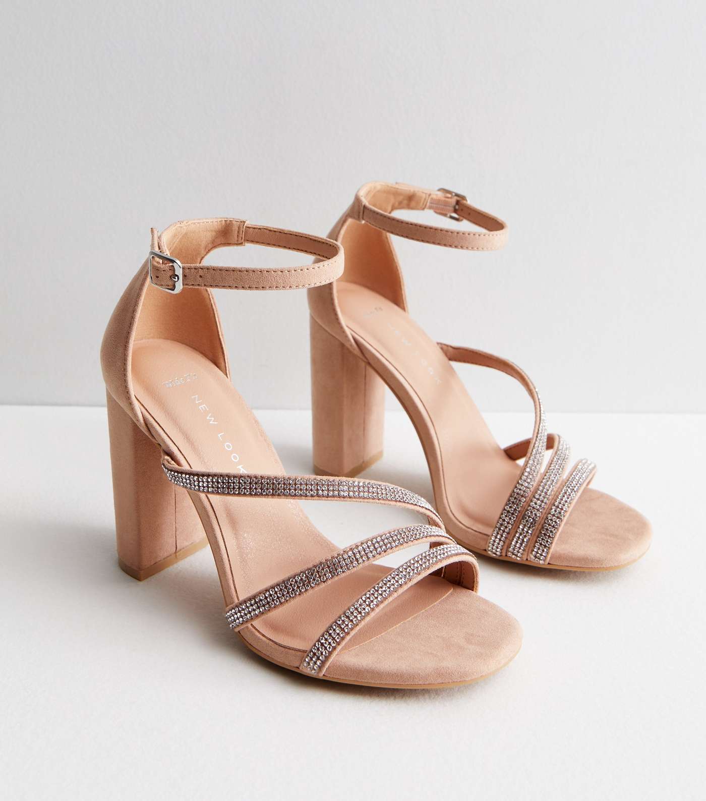 Wide Fit Pale Pink Diamanté Strap Block Heel Sandals Image 3