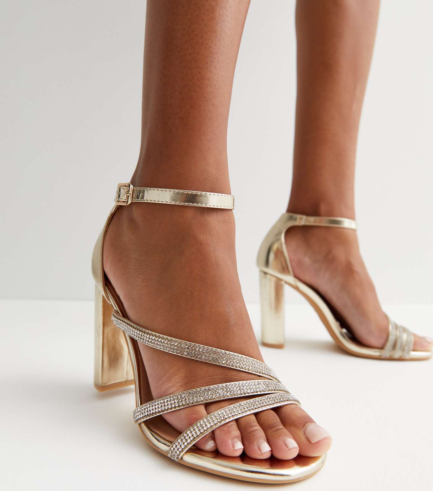 Wide Fit Gold Metallic Diamanté Block Heel Sandals Image 2