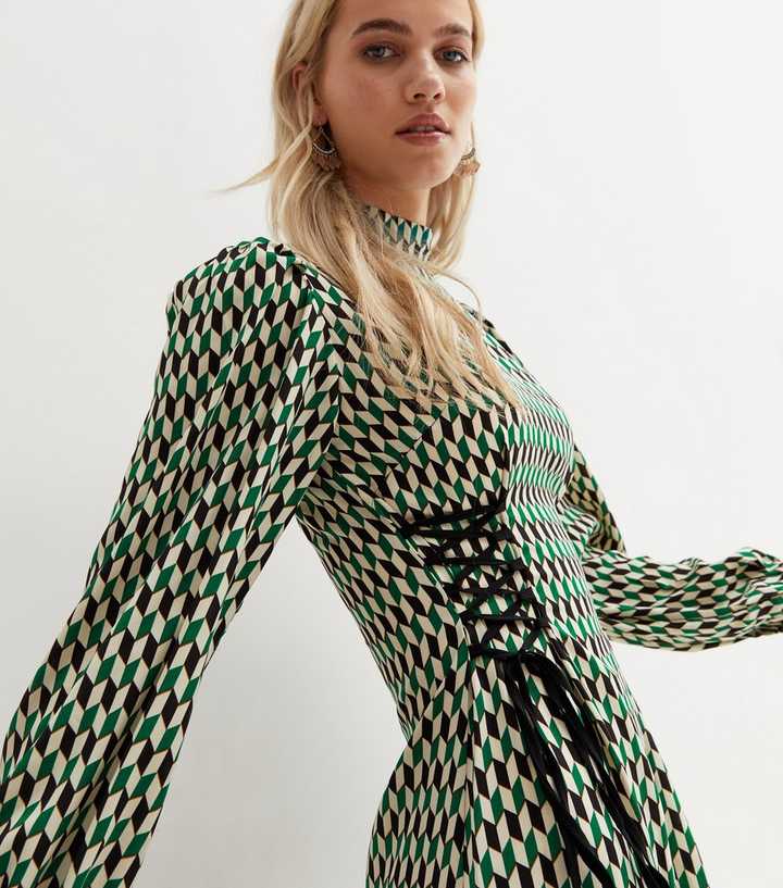 Women's Dress Houndstooth Print Shirt Dress with Lace Up Corset