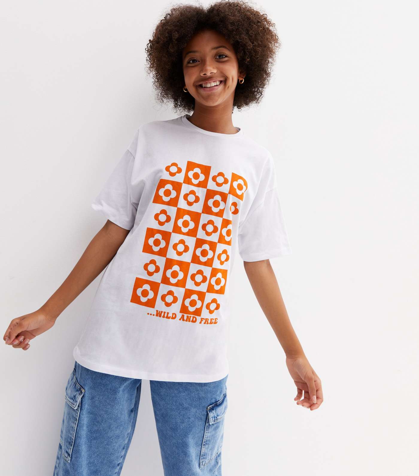 Girls White Checkerboard Logo Oversized T-Shirt Image 2