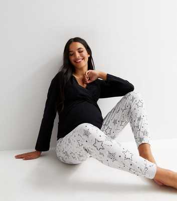 Maternity Black Nursing Pyjama Set with Star Print