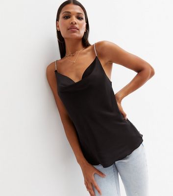 Cameo Rose Black Satin Chain Cowl Neck Cami