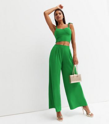 Styli Wrap Crop Top and Wide Leg Trouser CoOrd Set