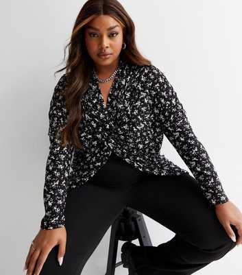 Blue Vanilla Curves Black Floral Dip Hem Wrap Top