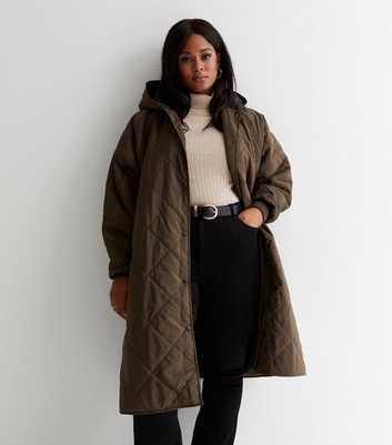 Blue Vanilla Curves Khaki Quilted Hooded Long Coat