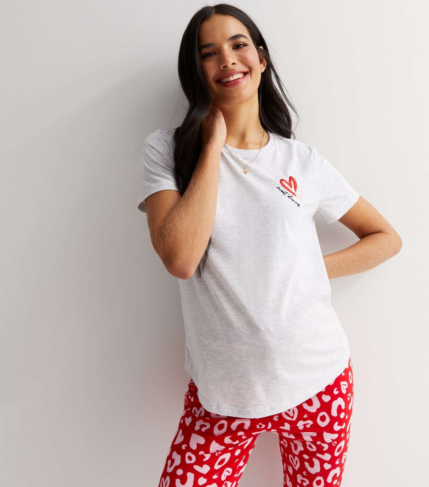 Maternity Light Grey Soft Touch Jogger Pyjama Set with Leopard Heart Print Image 2