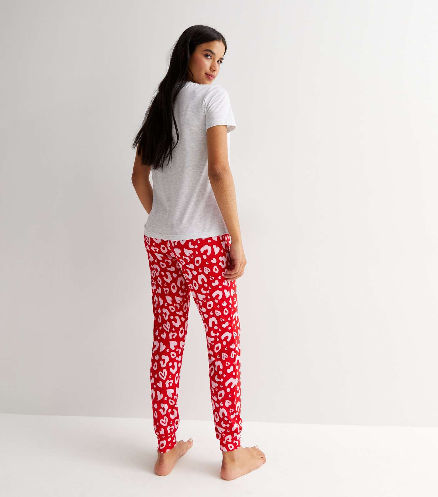 Maternity Light Grey Soft Touch Jogger Pyjama Set with Leopard Heart Print Image 4