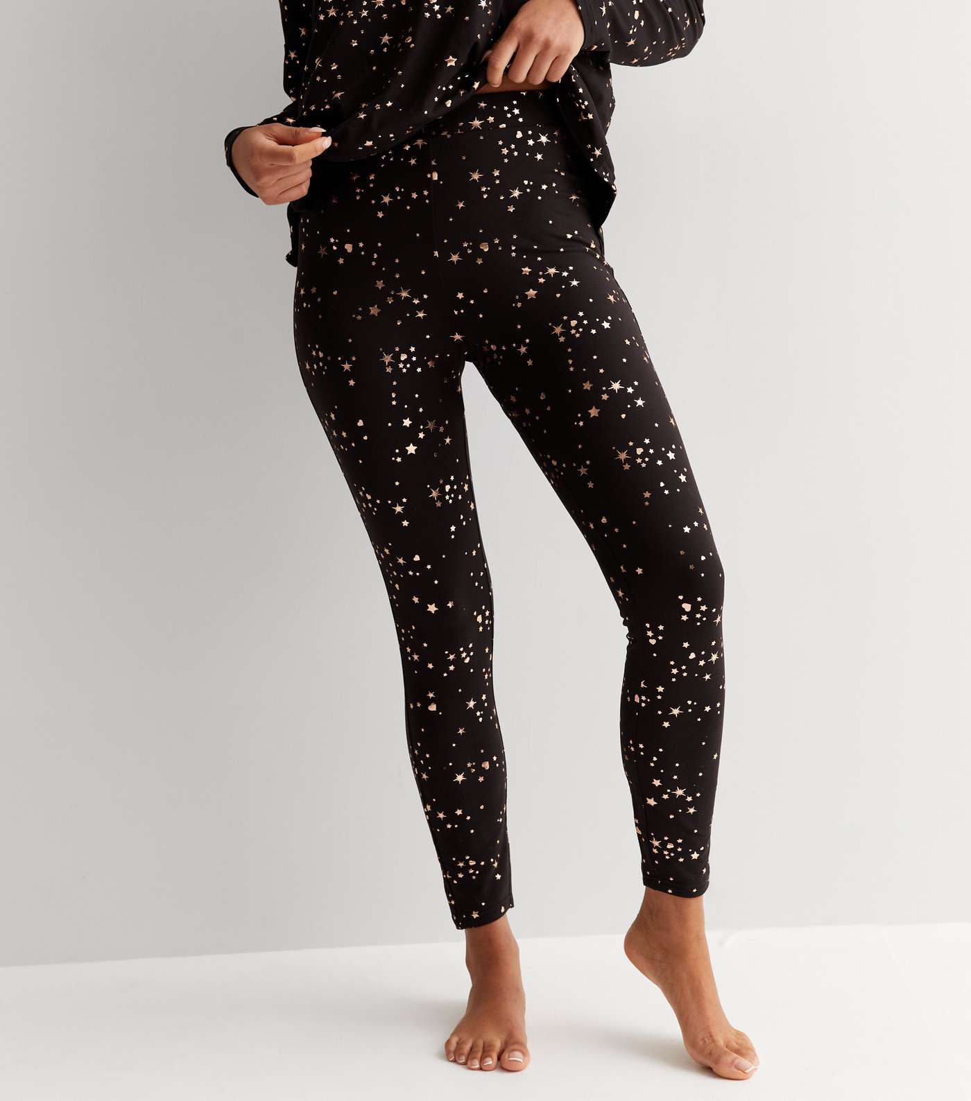 Petite Black Soft Touch Pyjama Set with Metallic Star Print Image 3