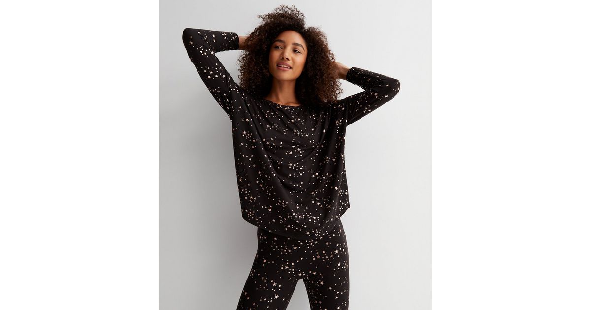Black Soft Touch Pyjama Set with Metallic Star Print | New Look