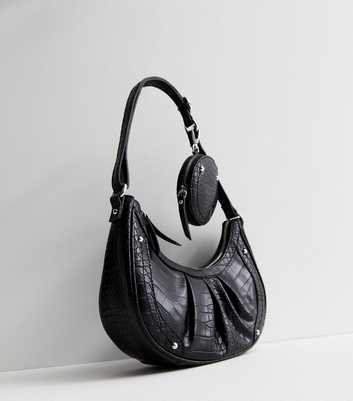 Black Faux Croc Shoulder Bag