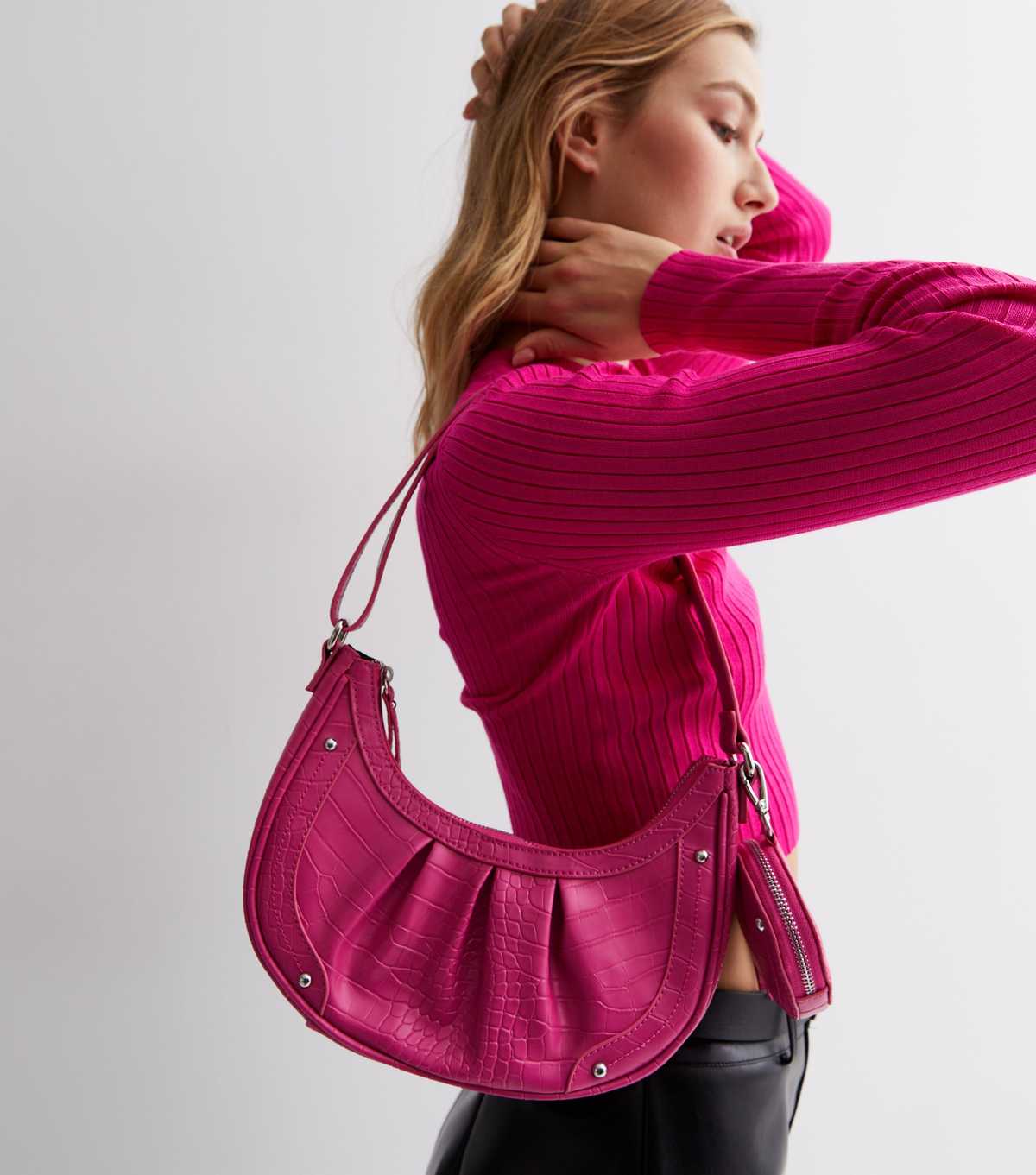 Bright Pink Faux Croc Shoulder Bag New Look