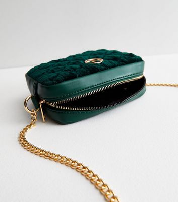 Dark Green Quilted Velvet Chain Cross Body Bag New Look