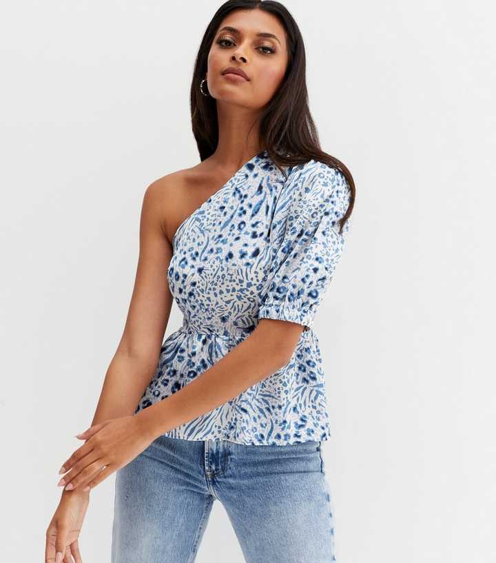 Gini London White Mixed Animal Print One Shoulder Peplum Top | New Look